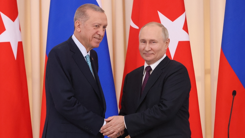Russian President Vladimir Putin, right, shakes hands with Turkish President Recep Tayyip Erdogan during their joint press conference, September 4,2023, in Sochi, Russia