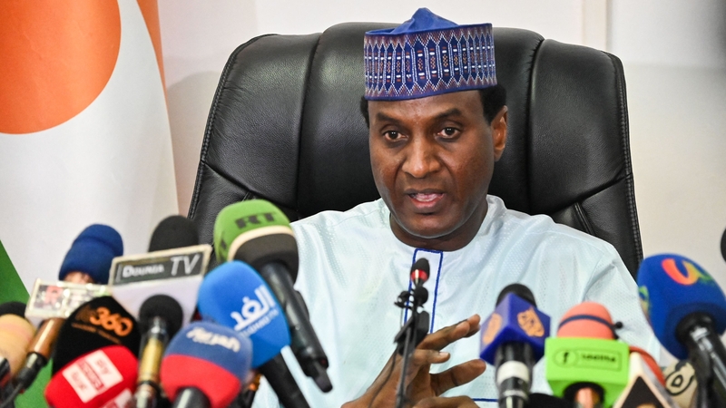 Niger's military-appointed Prime Minister Ali Mahaman Lamine Zeine speaks during a press conference in Niamey