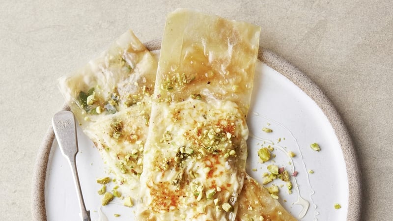 These parcels are finished with fresh marjoram, runny honey and a sprinkle of pistachios.