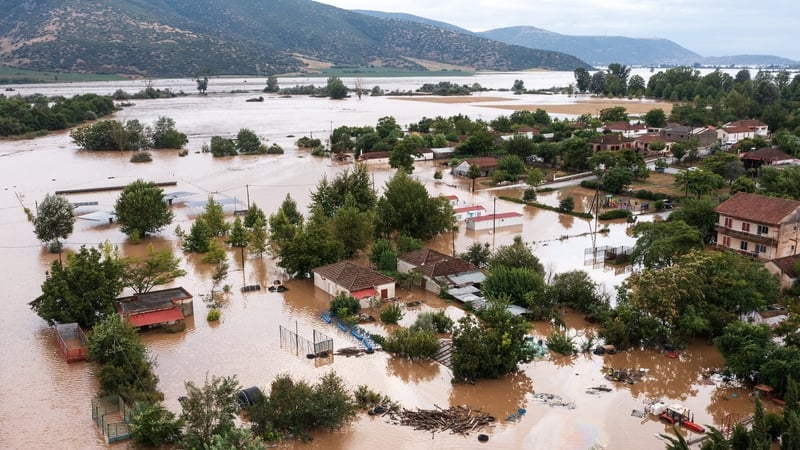 Submerged buildings in the Greek village of Piniada, following Storm Daniel