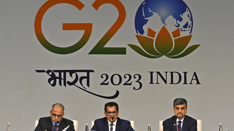 The G20 Sherpa Amitabh Kant, centre, addresses a press conference on the eve of the two-day G20 summit in New Delhi