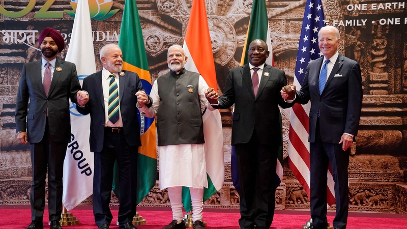 World Bank President Ajay Banga, Brazil's President Luiz Inacio Lula da Silva, India's Prime Minister Narendra Modi, South Africa's President Cyril Ramaphosa and US President Joe Biden
