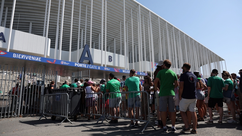 Ireland supporters queue to enter the Stade de Bordeaux ahead of Rugby World Cup Pool B match against Romania