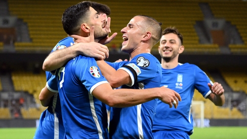 Greece's Giorgos Masouras celebrates completing a brace against Gibraltar
