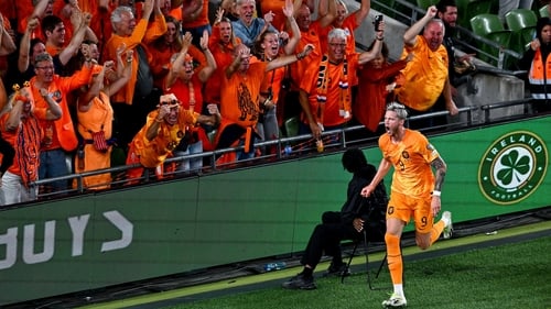 Wout Weghorst celebrates what turned out to be the winning goal for the Netherlands