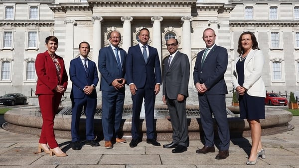 Eva Gallagher, Site Lead at MSD Dunboyne with David Maraldo of MSD, Michael Kress of MSD, Taoiseach Leo Varadkar, Sanat Chattopadhyay, President, Manufacturing Division at MSD, Michael Lohan, IDA CEO and Marie Martin, Site Lead at MSD Carlow