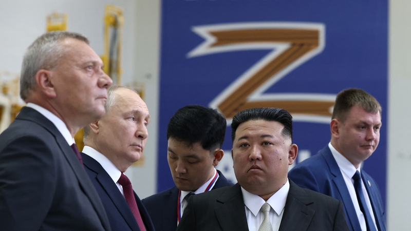 Russia's President Vladimir Putin, second left, and North Korea's leader Kim Jong Un, second right, visit the Vostochny Cosmodrome in Russia's Amur region in September