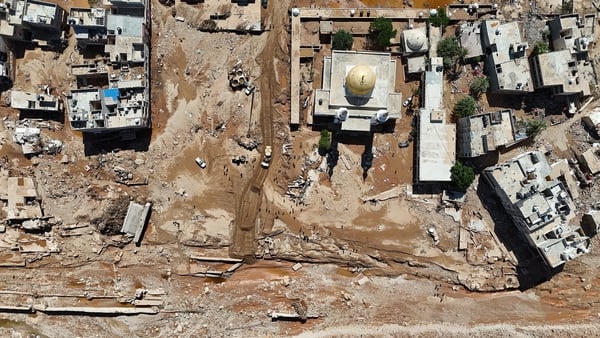 An aerial view of the devastation in disaster zones after the floods caused by Storm Daniel ravaged the region