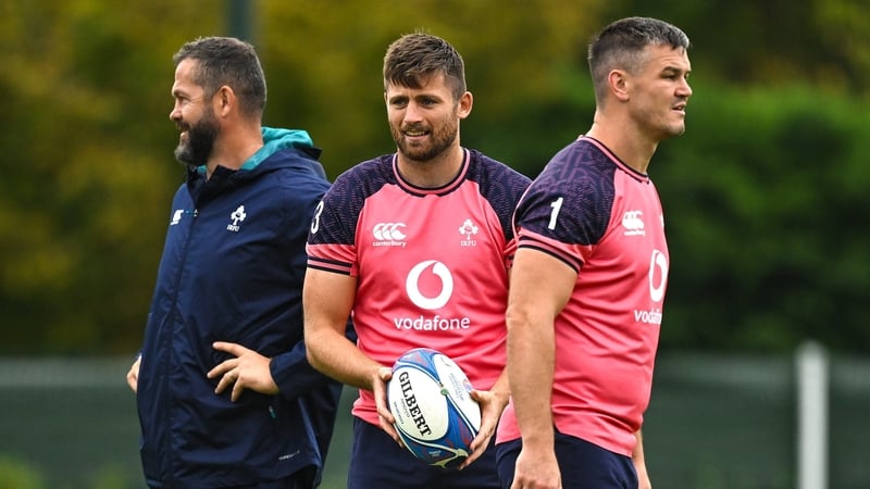Ross Byrne, centre, alongside Johnny Sexton at a World Cup training session