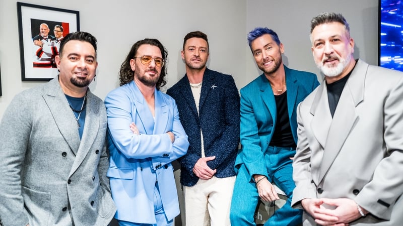 Chris Kirkpatrick, JC Chasez, Justin Timberlake, Lance Bass and Joey Fatone of NSYNC seen backstage during the 2023 Video Music Awards