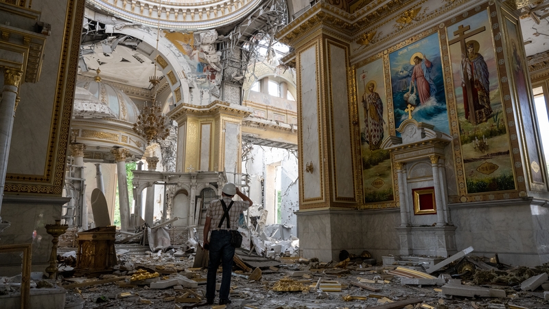 A Russian missile struck the historic Holy Transfiguration Cathedral on 23 July 2023 in central Odesa, Ukraine