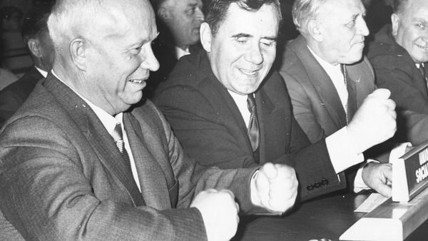 Nikita Khrushchev pounds fists at the UN General Assembly in 1960