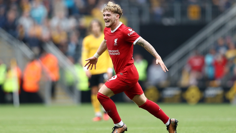 Harvey Elliott celebrates Liverpool's third goal away to Wolves