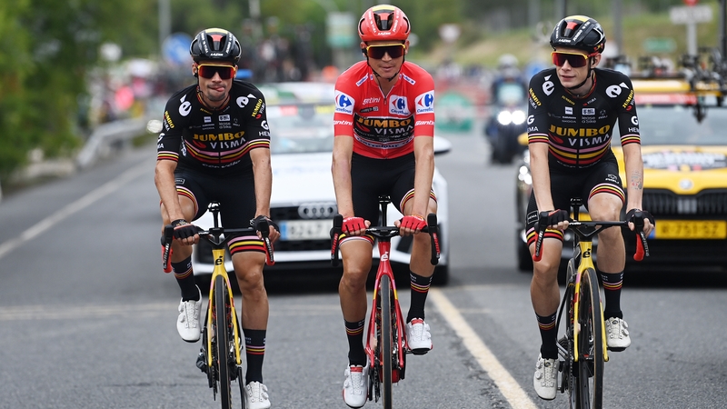 Sepp Kuss (centre) celebrates with team-mates
