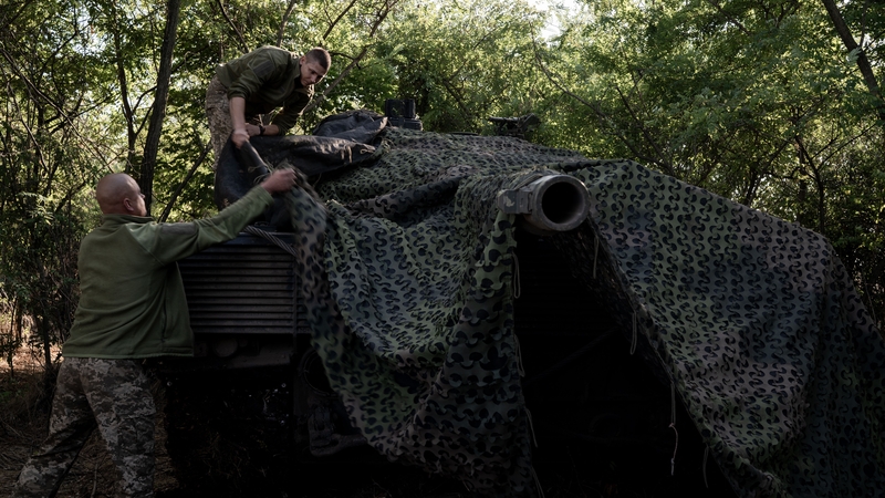Ukrainian soldiers are seen with the Leopard 2 at the Tokmak front in the Zaporizhia Oblast