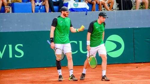 David O'Hare and Conor Gannon in action during the doubles victory (photo Tennis Ireland)