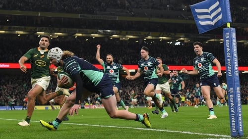 Mack Hansen scored a try in Ireland's win over South Africa in November