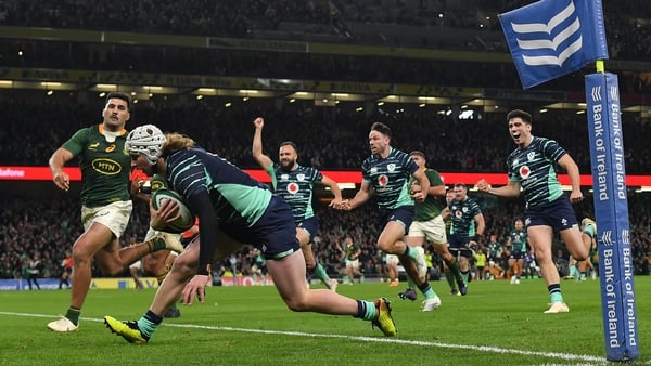 Mack Hansen scored a try in Ireland's win over South Africa in November