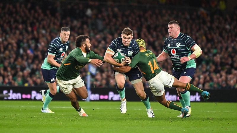 Garry Ringrose looks to break through a South Africa gap between Jaden Hendrikse and Kurt-Lee Arendse when the sides met last November