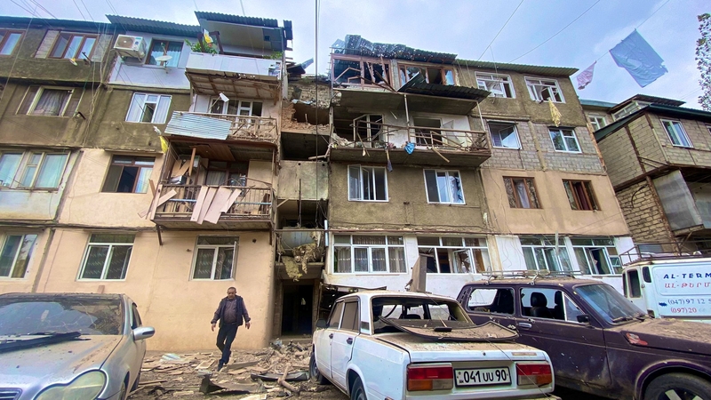 A damaged residential building in the city of Stepanakert after the military operation by Azerbaijani armed forces