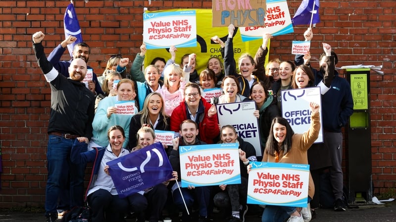 Physiotherapists from the Chartered Society of Physiotherapy on the picket line outside the Royal Victoria Hospital, Belfast