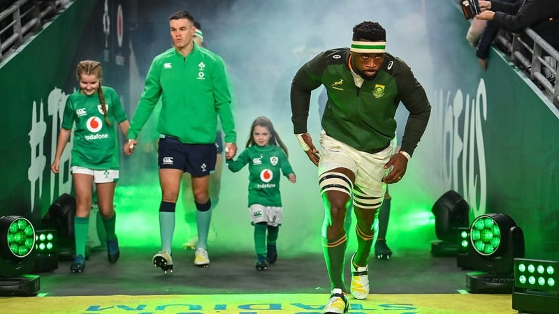 Siya Kolisi leading out South Africa against Ireland in last November's Test