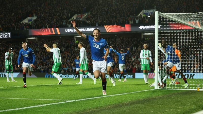 Ben Davies of Rangers celebrates the goal scored by Abdallah Sima (not pictured) at Ibrox
