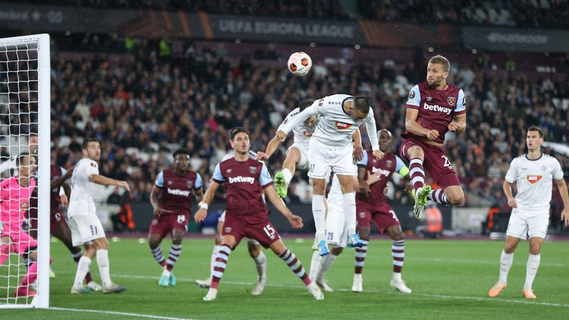 Tomas Soucek rises to head home West Ham's third goal of the night against Backa Topola