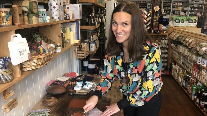 Tessa Badenhorst of Antique Press Print Designs Ennistymon printing tote bags with messages of sustainability for Culture Night