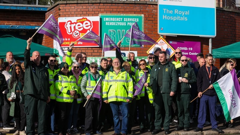 Ambulance workers from Unison on the picket line outside the Royal Victoria Hospital, Belfast yesterday
