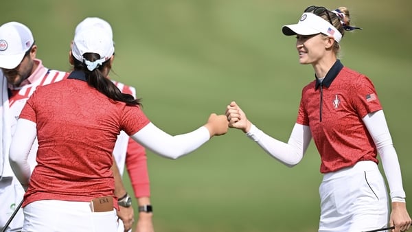 Nelly Korda and Allisen Corpuz celebrate their 1up win over Leona Maguire and Allisen Corpuz