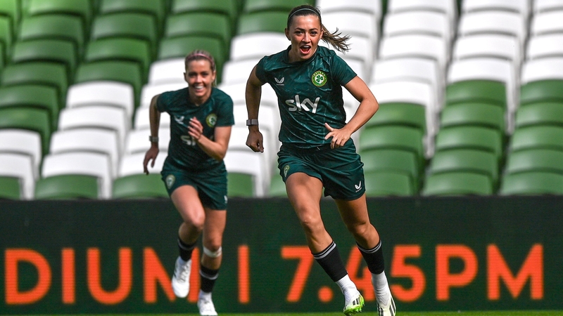 Katie McCabe and Denise O'Sullivan during Ireland training at the Aviva Stadium