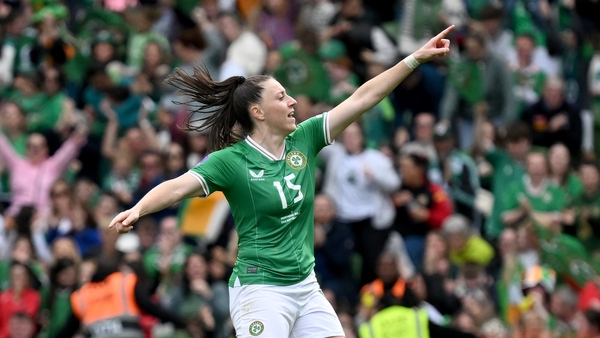 Lucy Quinn celebrates her goal at the Aviva Stadium