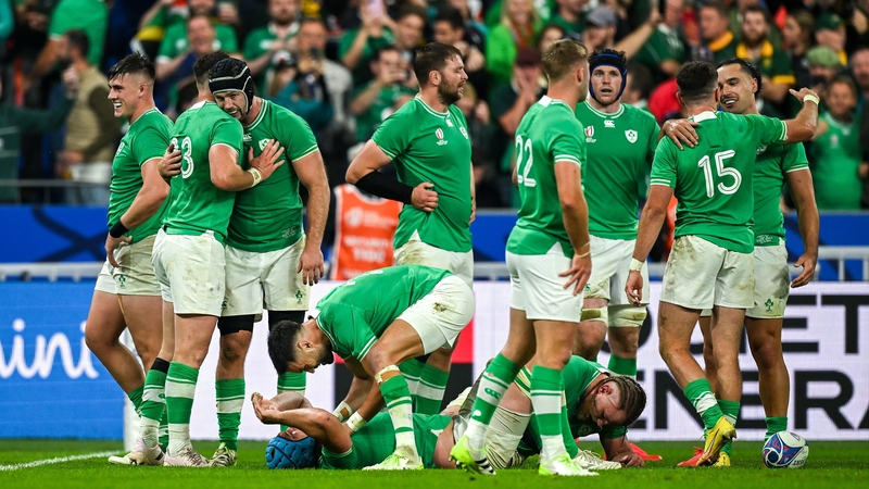 Ireland players celebrate a significant victory over South Africa in Paris
