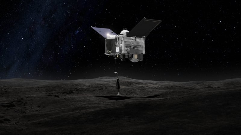 An artist's impression issued by NASA's OSIRIS-REx spacecraft collecting a sample from the asteroid Bennu
