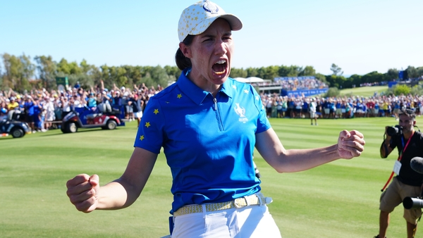 Spain's Carlota Ciganda celebrates after her decisive win over the USA's Nelly Korda