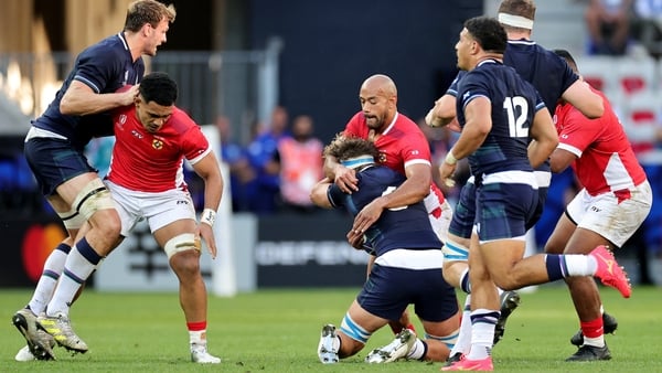 Tonga's Afusipa Taumoepeau received a yellow card for this hit on Jamie Ritchie