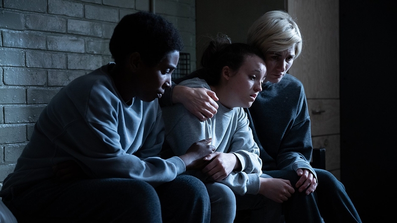(L-R) Tamara Lawrance as Abi Cochrane, Bella Ramsey as Kelsey Morgan, and Jodie Whittaker as Orla O'Riordan in Time series two