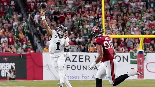 Philadelphia Eagles quarterback Jalen Hurts throws a pass against the Tampa Bay Buccaneers