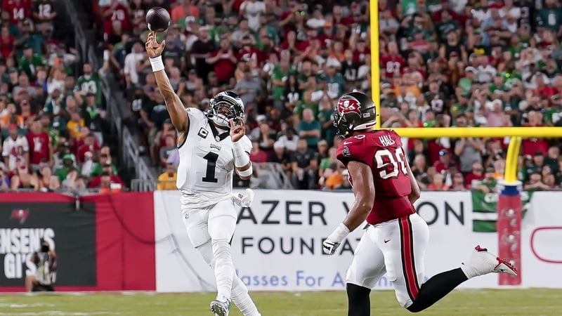 Philadelphia Eagles quarterback Jalen Hurts throws a pass against the Tampa Bay Buccaneers