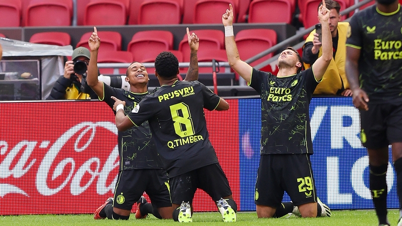 Santiago Gimenez celebrates completing his hat-trick in Feyenoord's delayed win over Ajax