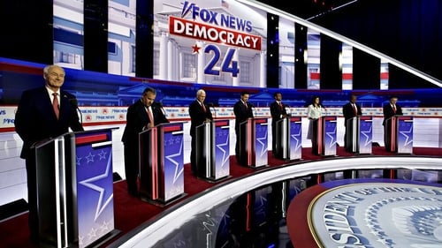 Republican presidential candidates line up during the Republican primary presidential debate hosted by Fox News