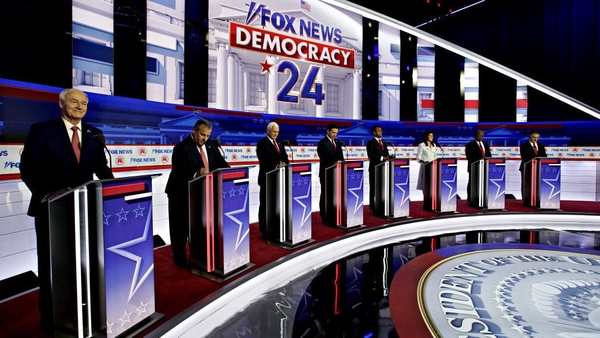 Republican presidential candidates line up during the Republican primary presidential debate hosted by Fox News
