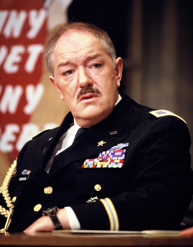 Performing in Donald Freed's play Veterans Day at London's Theatre Royal on 17 August, 1989