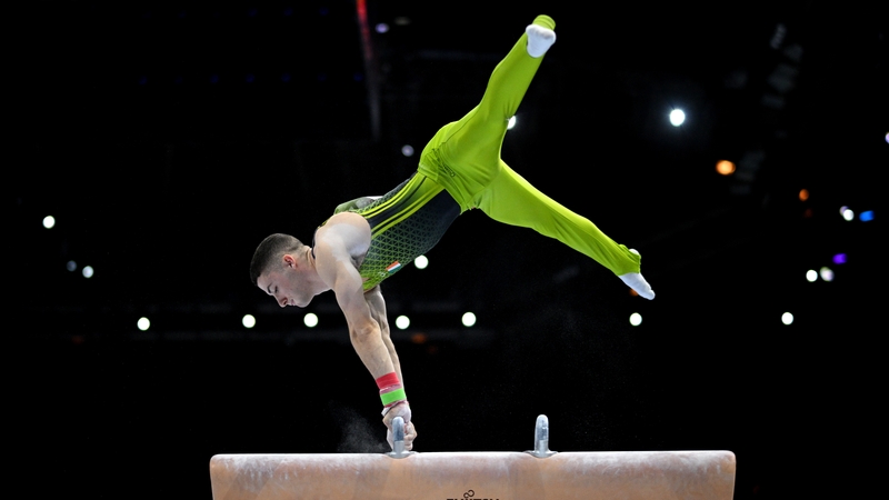 Rhys McClenaghan in pommel horse action in Antwerp