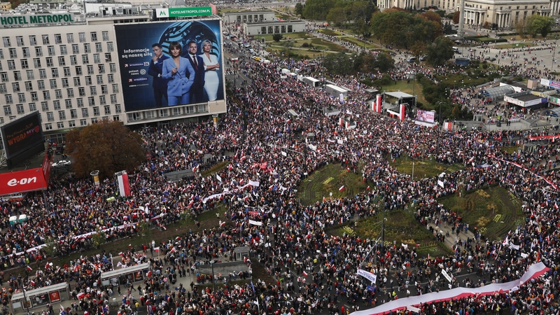 Participants began gathering in Warsaw in the early hours, with people travelling from across Poland to rally against the government