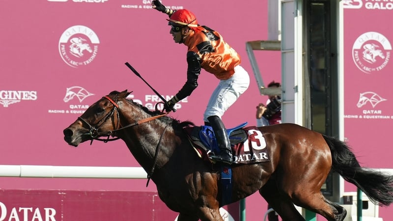 Cristian Demuro celebrats after riding Ace Impact across the finish line at the Prix de l'Arc de Triomphe earlier this month