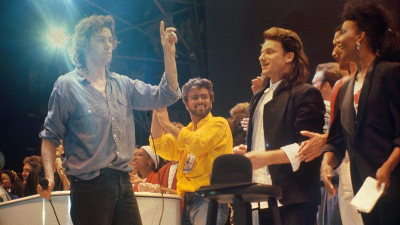 Bob Geldof and Bono on stage at Live Aid, 13 July 1985