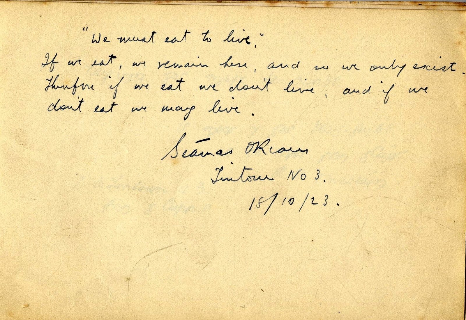 A scrawled statement of intent by hunger striker Seamas O'Riain, at the start of the strike. "If we eat, we remain here, and so we only exist. Therefore if we eat we don't live, and if we don't eat we may live". (Credit: Adam's Auctioneers)