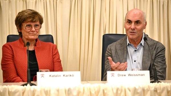 Dr Katalin Karikó and Dr Drew Weissman speak during a press conference at the University of Pennsylvania in Philadephia today